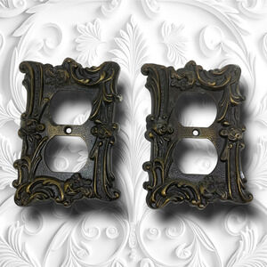 Lot 2 Vintage Edmar Antique Brass Metal Outlet Covers Art Deco Stylized Floral